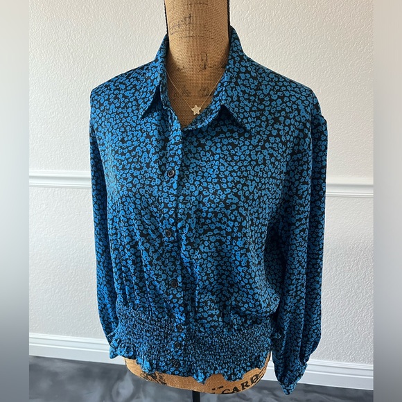 Who What Wear Blue Bishop Long Blouson Sleeve Floral Smock Top Size Large - Picture 4 of 10